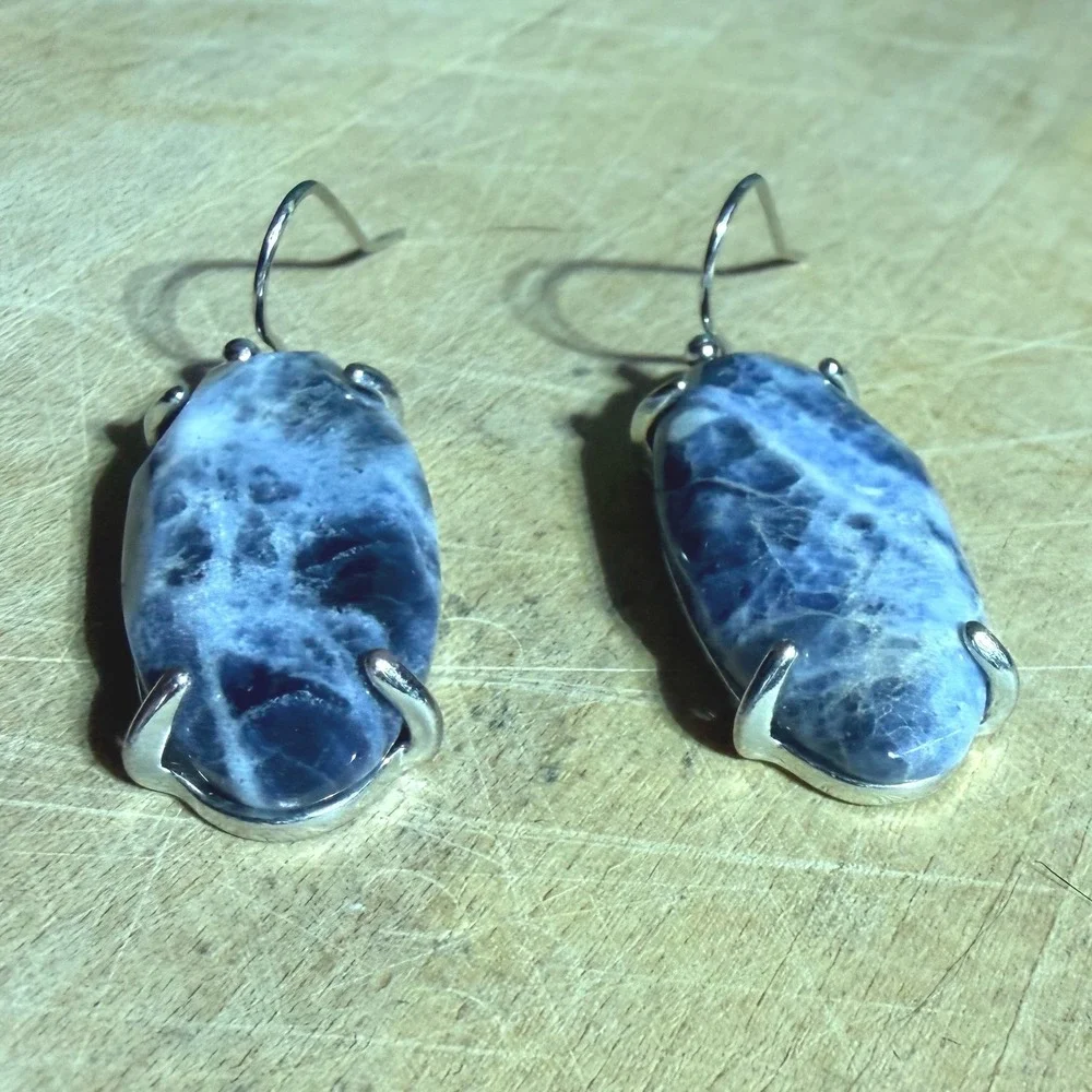VTG Sodalite Stone Oval Cabochon Drop Earrings Blue Silver Tone Cottagecore Gift